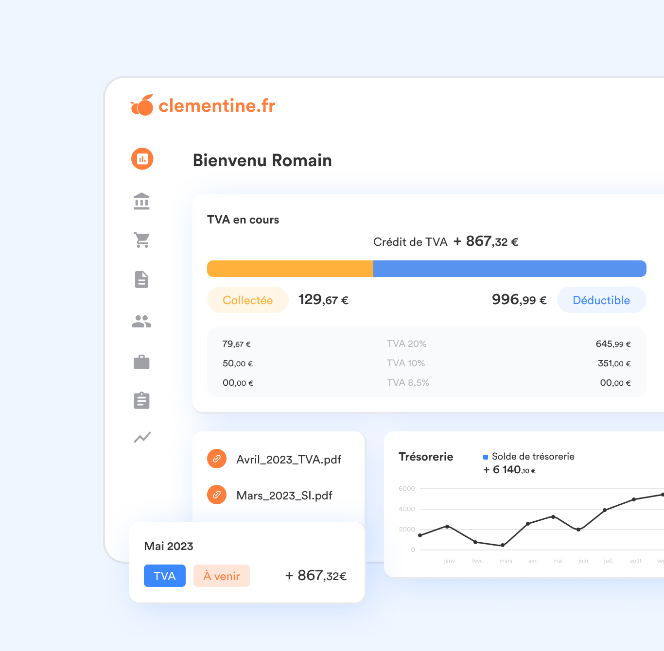 Visuel de l'application web montrant les graphiques de récapitulatif des déclarations fiscales d'une entreprise