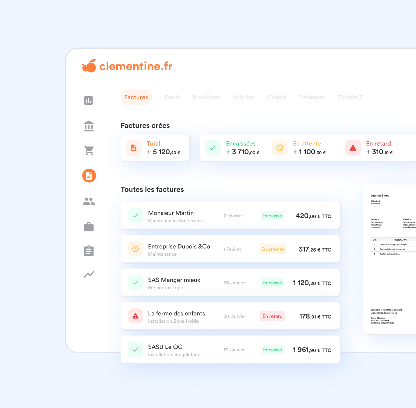 Visuel de l'application web montrant le suivi des factures d'une entreprise